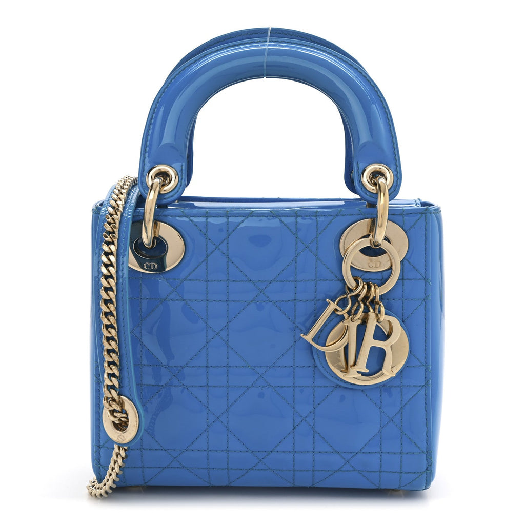 Patent Cannage Mini Lady Dior Blue