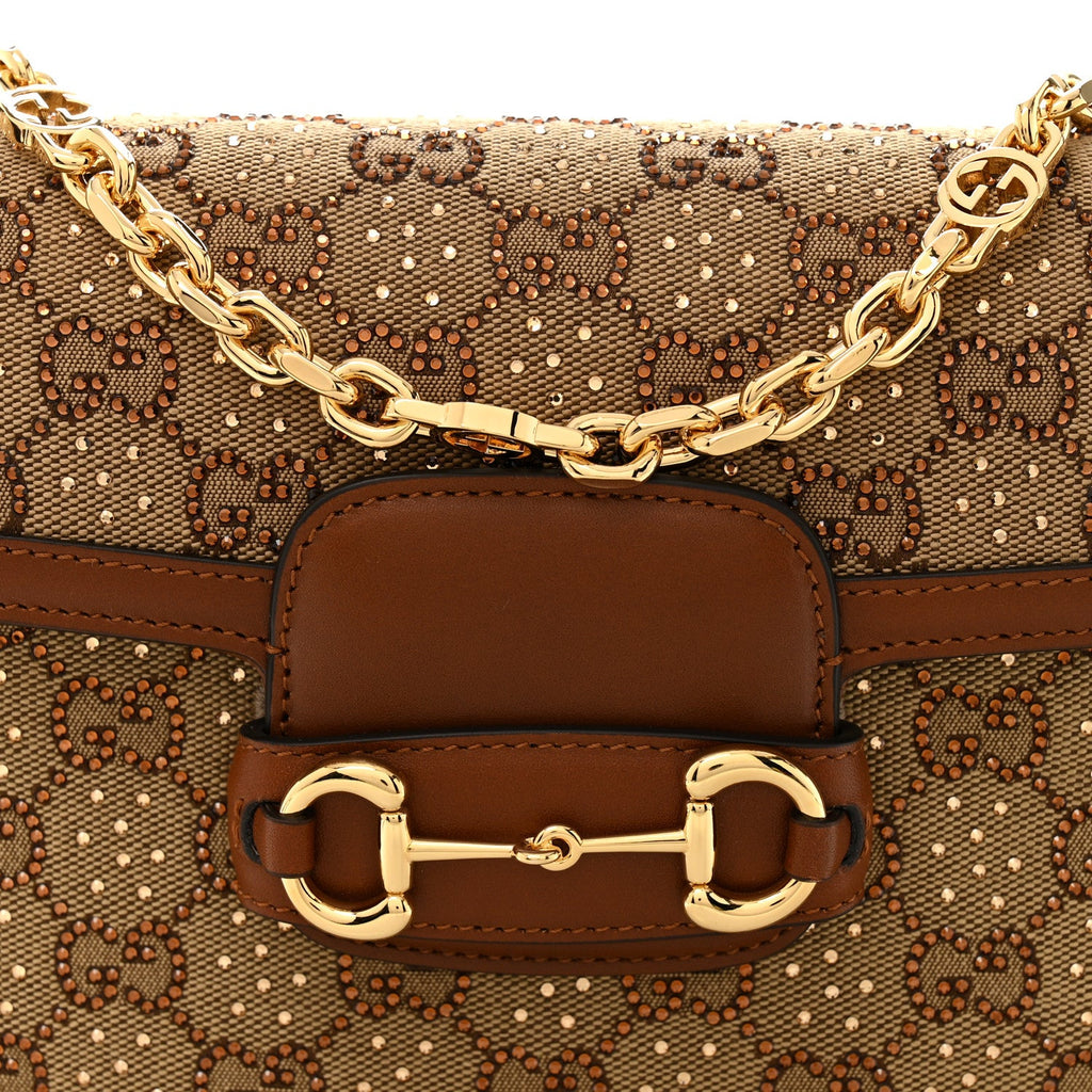 New Canvas Charisma Calfskin Crystal GG Monogram Mini Horsebit 1955 Shoulder Bag Camel Ebony