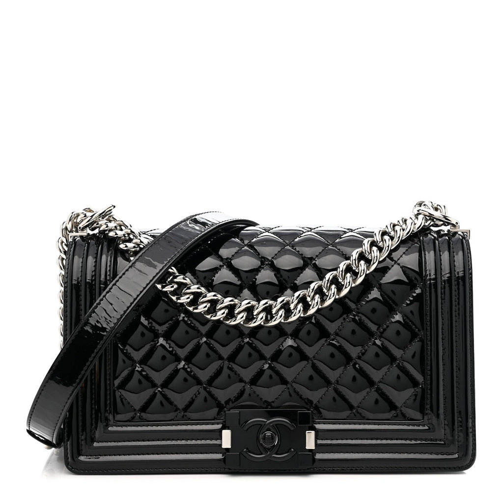 Patent Calfskin Quilted Medium Plexiglass Boy Flap Black