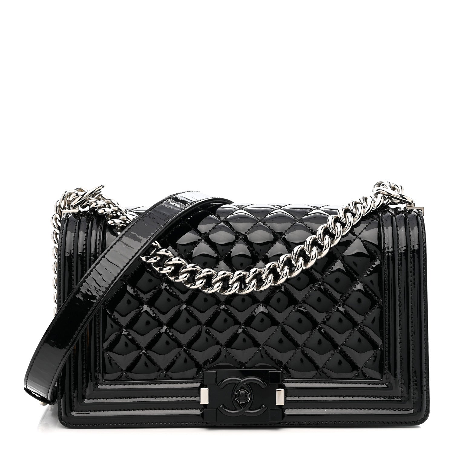 Patent Calfskin Quilted Medium Plexiglass Boy Flap Black