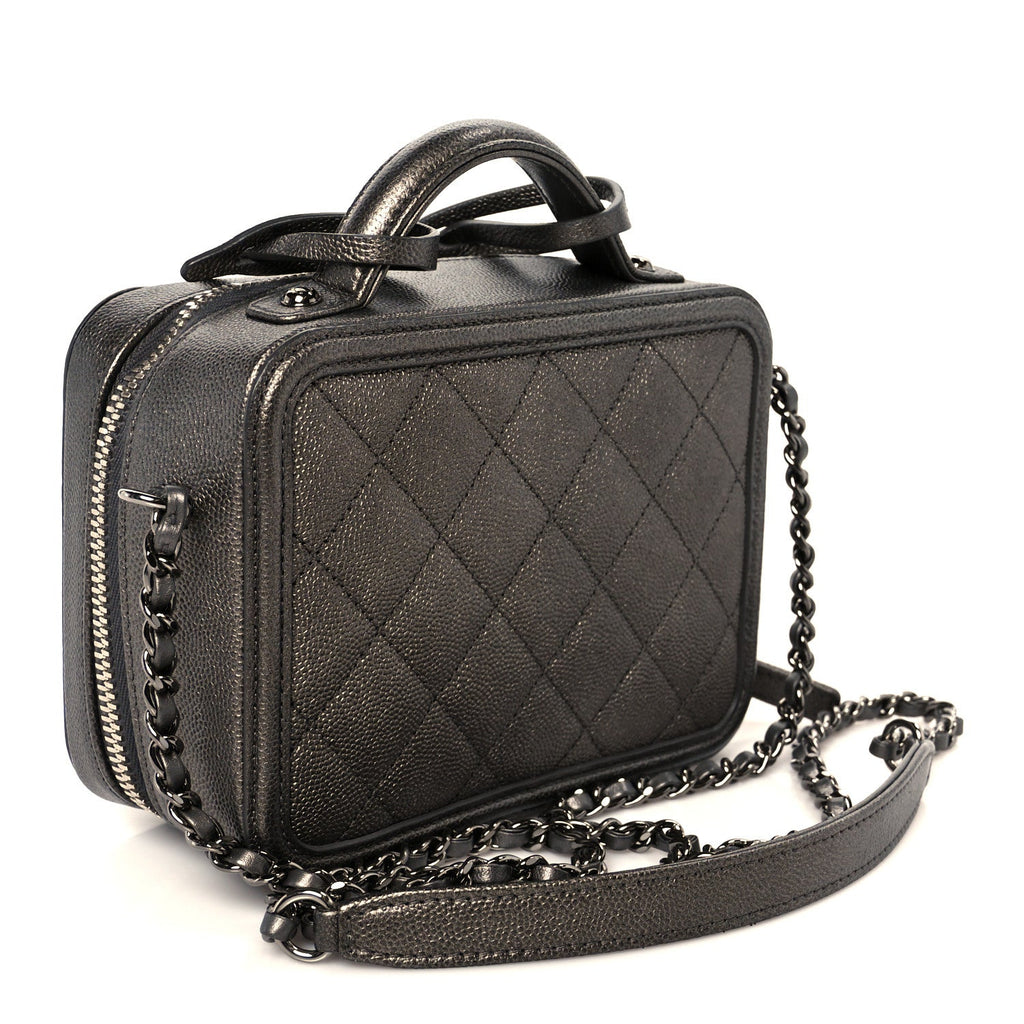 Metallic Caviar Quilted Small CC Filigree Vanity Case Dark Silver