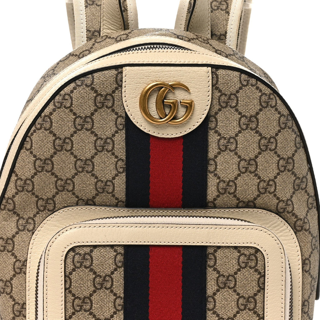 GG Supreme Monogram Textured Calfskin Web Small Ophidia Day Backpack Beige Ebony Mystic White