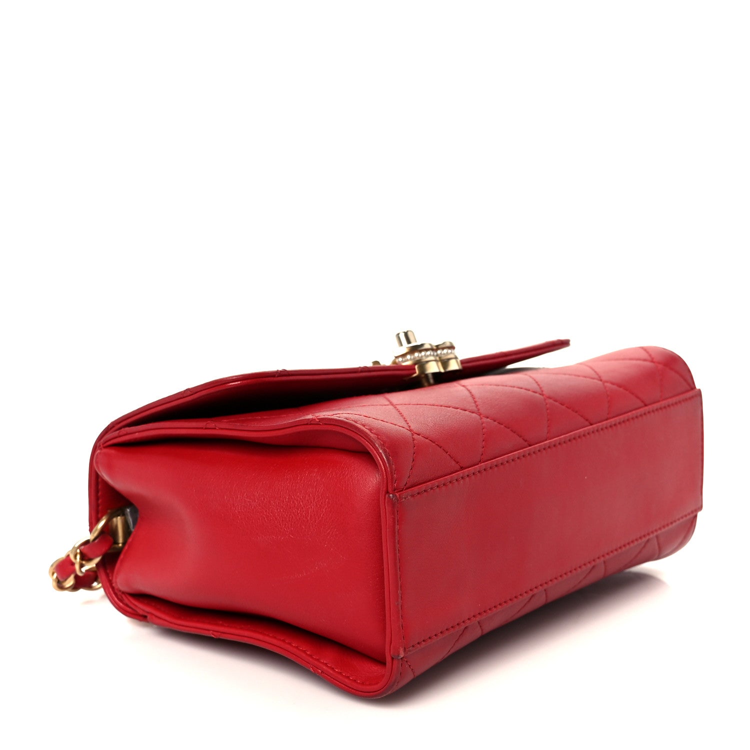 Lambskin Stitched Pearl Logo Top Handle Flap Red