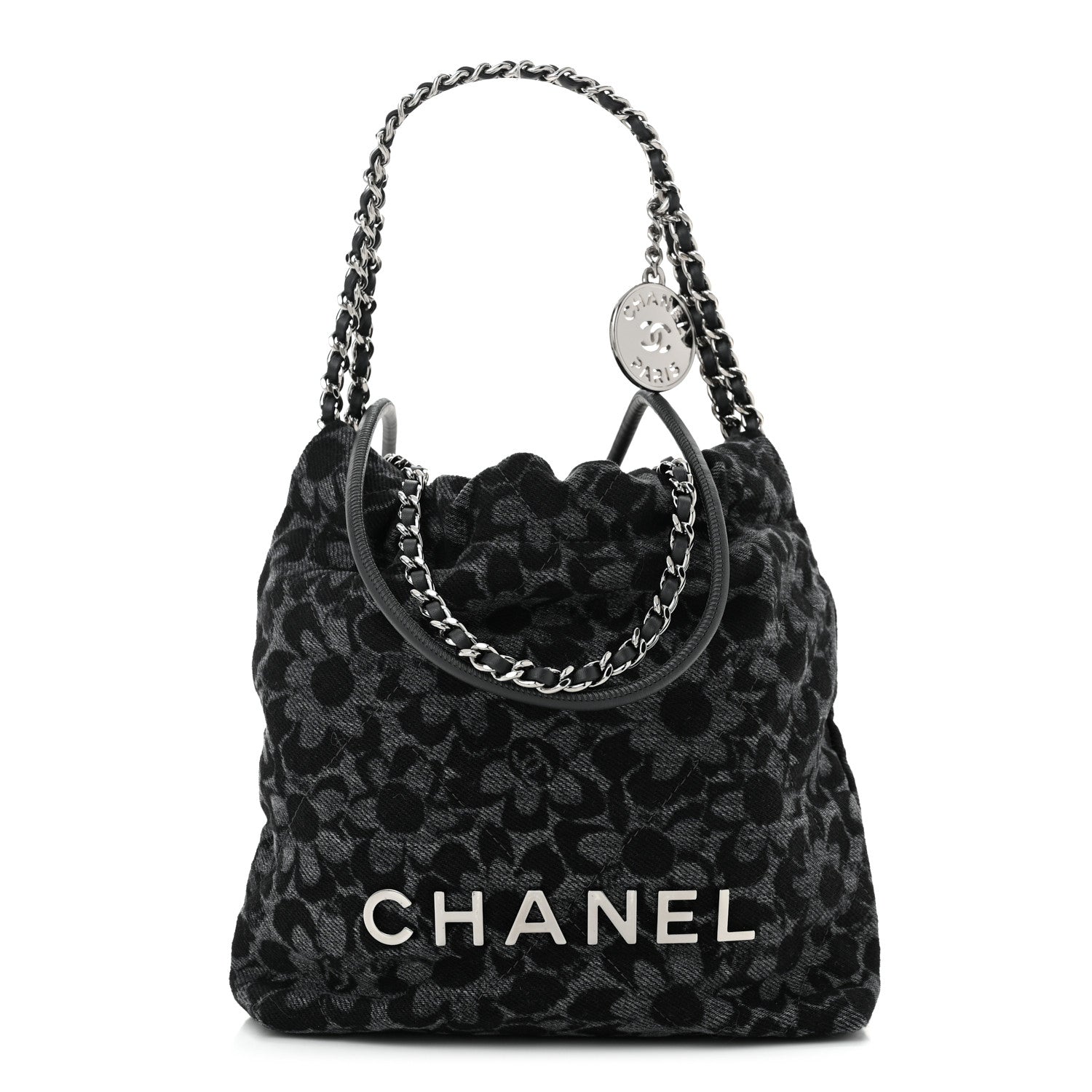 Denim Quilted Floral Print Mini Chanel 22 Black Grey