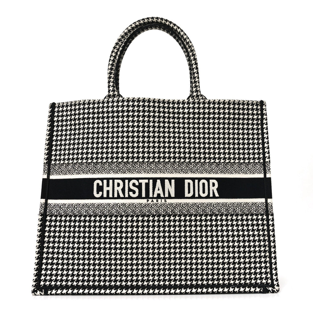 Canvas Houndstooth Embroidered Book Tote Black White