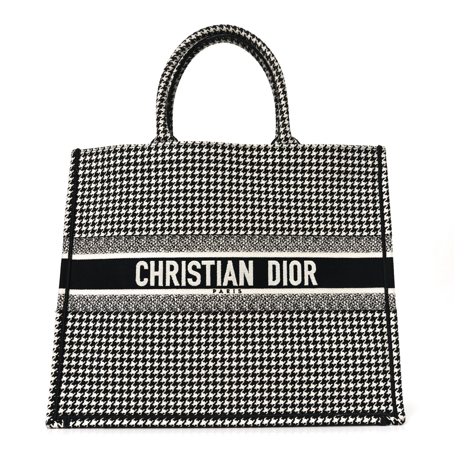 Canvas Houndstooth Embroidered Book Tote Black White