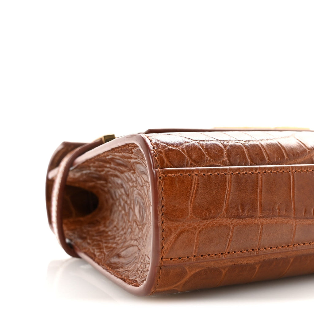 Shiny Calfskin Crocodile Embossed Small Manhattan Baguette Dark Caramel