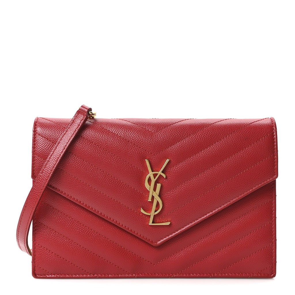 Grain De Poudre Matelasse Chevron Monogram Envelope Chain Wallet New Red