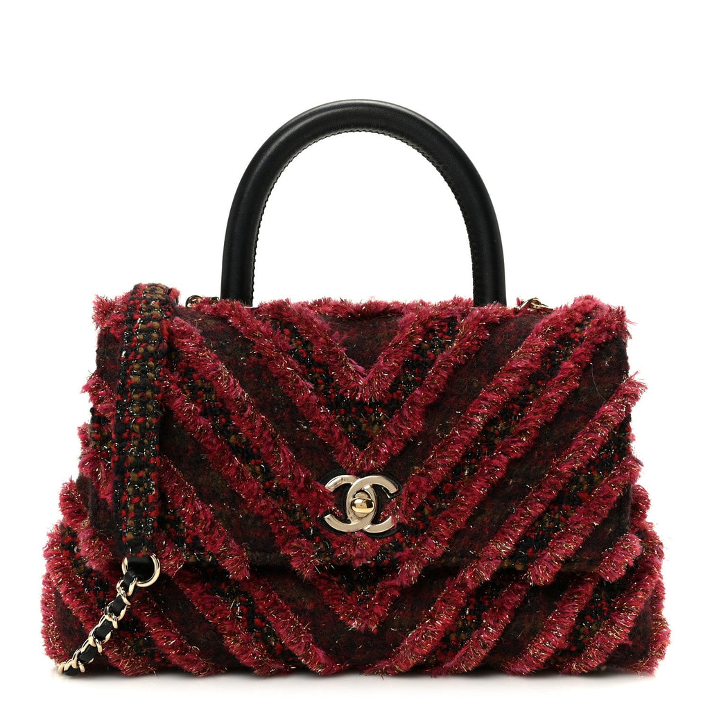 Tweed Fringe Mini Coco Handle Flap Red Black
