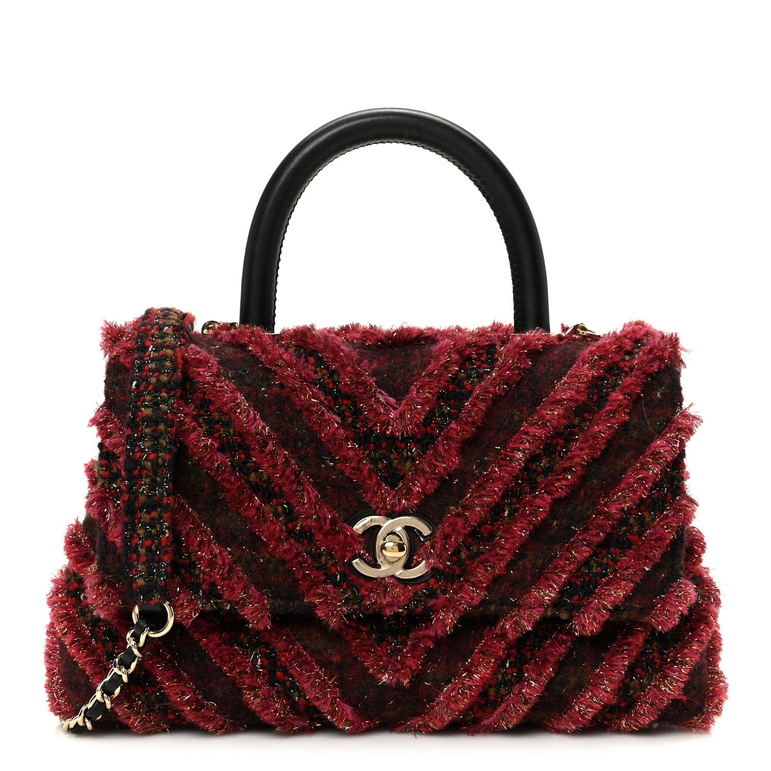 Tweed Fringe Mini Coco Handle Flap Red Black