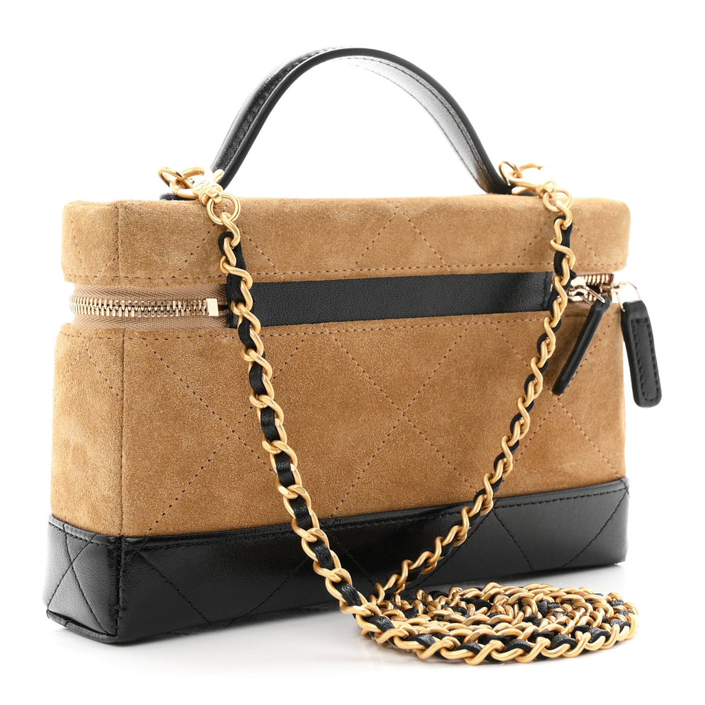Suede Calfskin Shiny Lambskin Quilted Top Handle Slim Vanity Case With Chain Beige Black