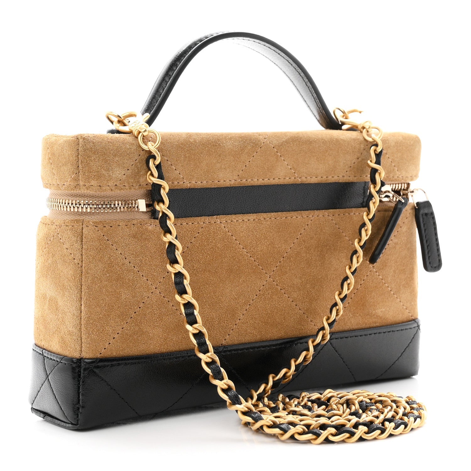 Suede Calfskin Shiny Lambskin Quilted Top Handle Slim Vanity Case With Chain Beige Black