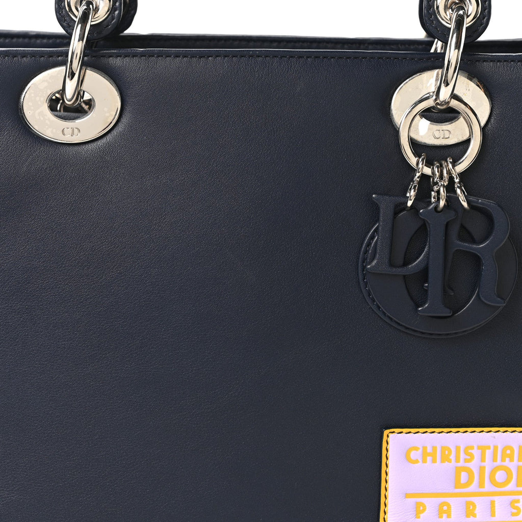 Calfskin Floral Print Medium Lady Dior Navy Blue Multicolor