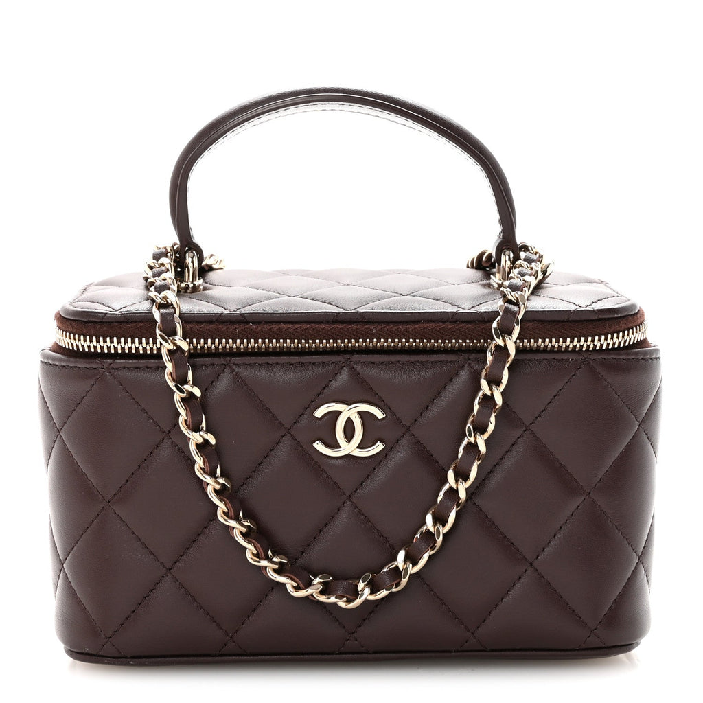 Lambskin Quilted Small Top Handle Vanity Case With Chain Dark Brown