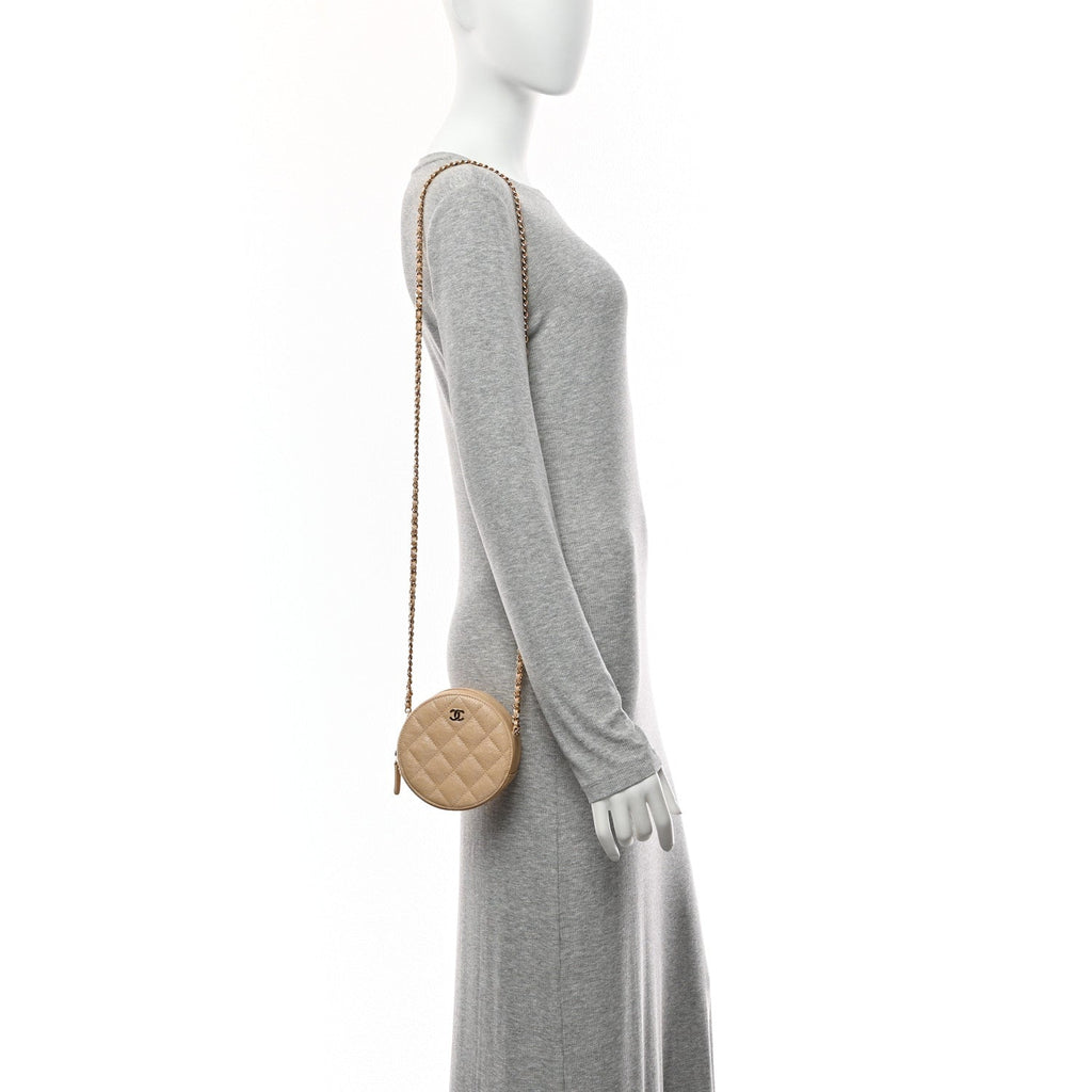 Iridescent Caviar Quilted Round Clutch With Chain Beige