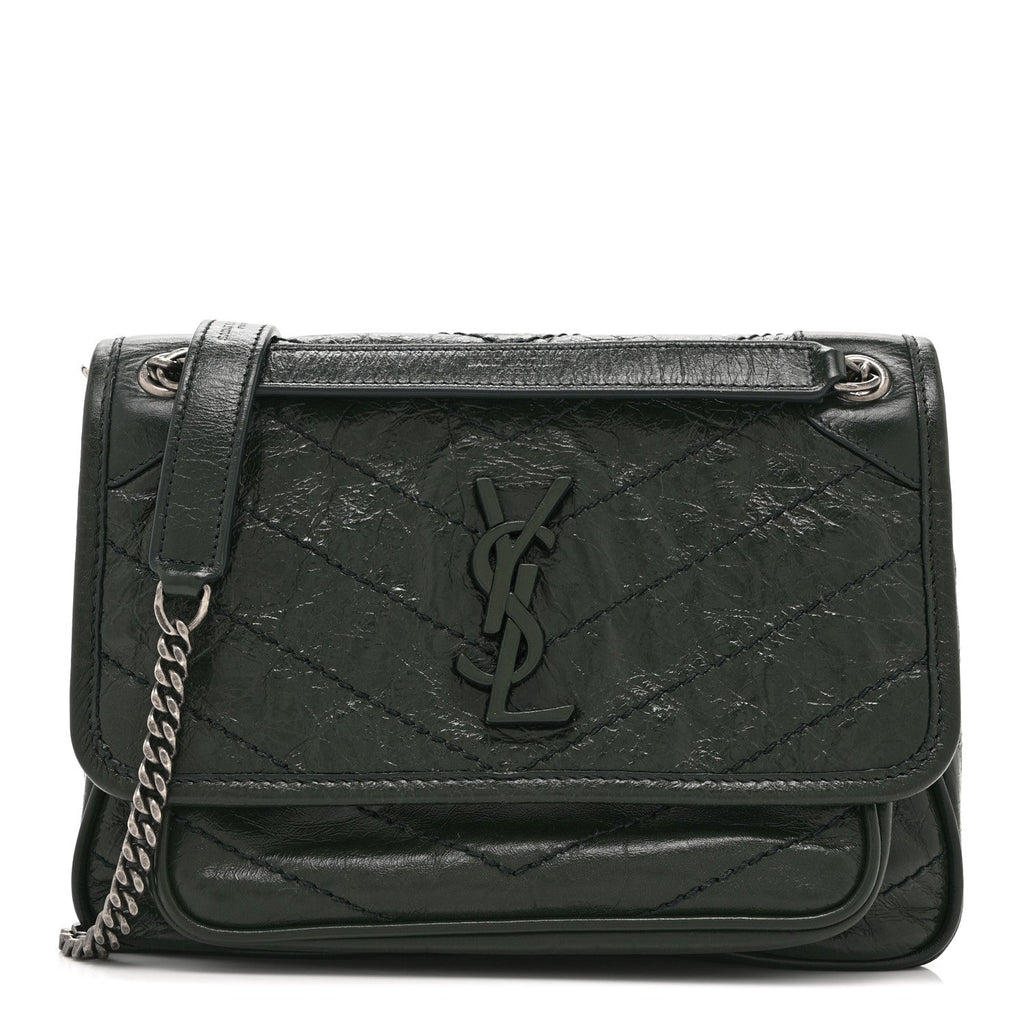 Crinkled Calfskin Matelasse Monogram Baby Niki Chain Satchel Dark Green