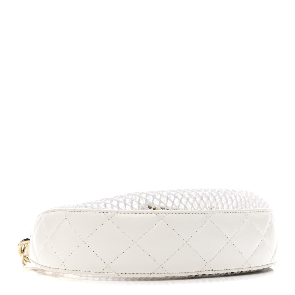 Mesh Shiny Lambskin Chain Hobo White