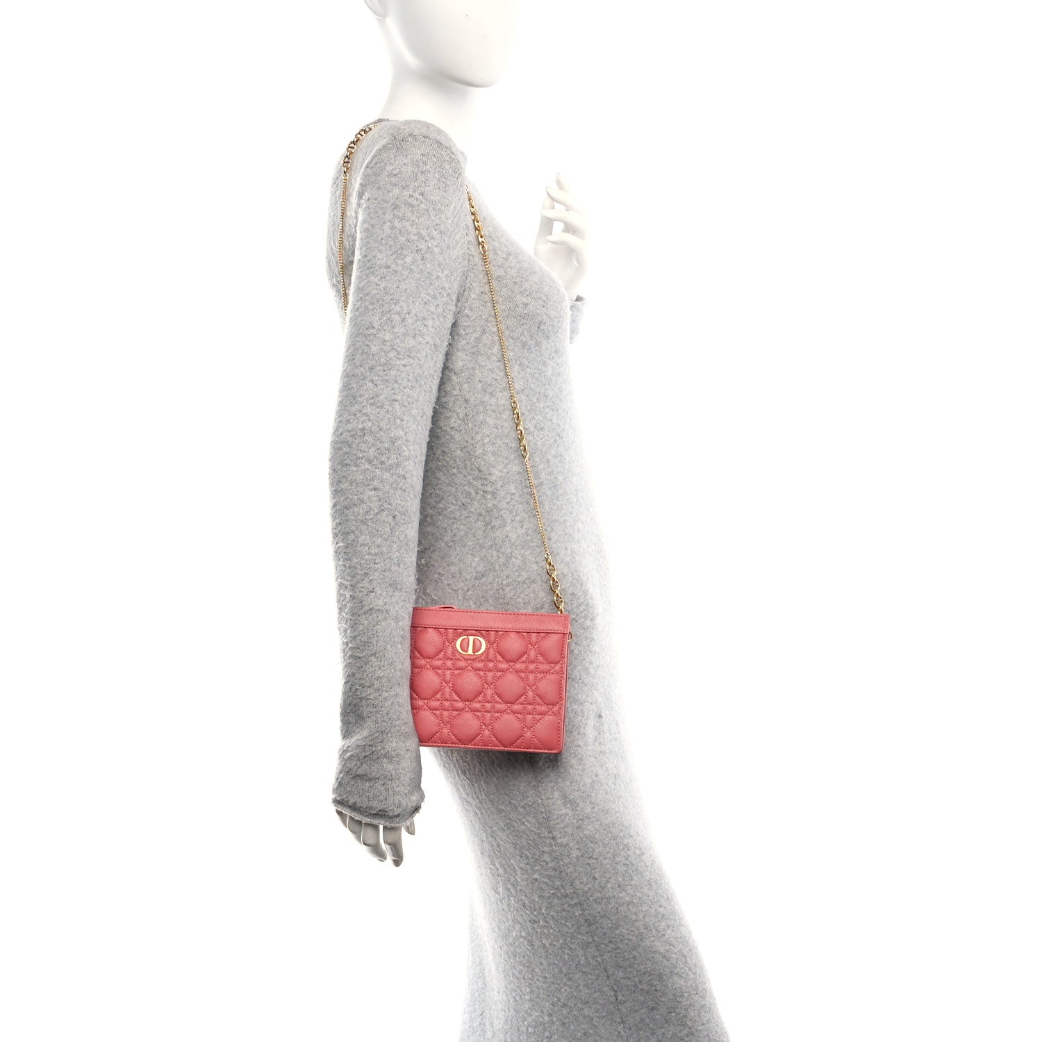 Calfskin Cannage Caro Zipped Pouch With Chain Coral Powder