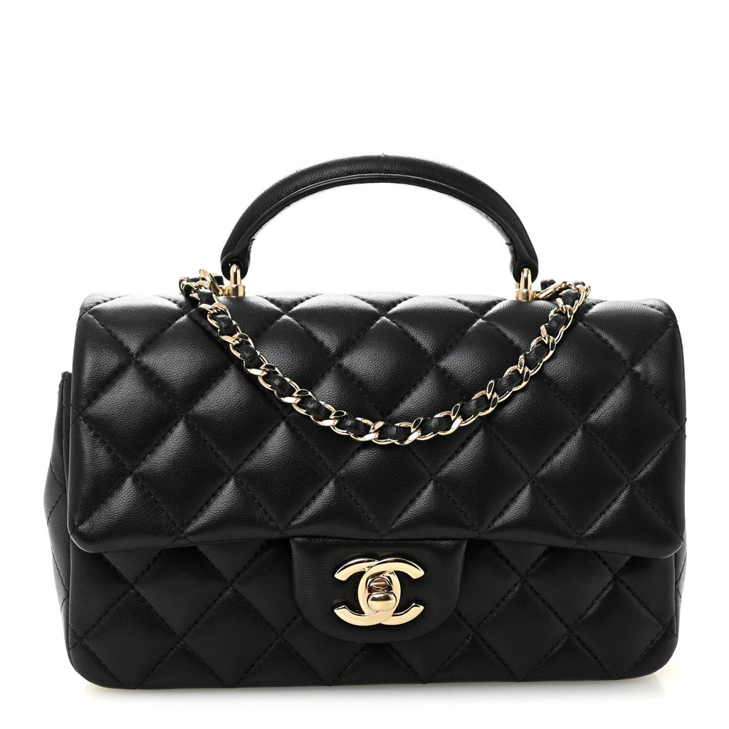 Lambskin Quilted Mini Top Handle Rectangular Flap Black