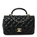 Lambskin Quilted Mini Top Handle Rectangular Flap Black