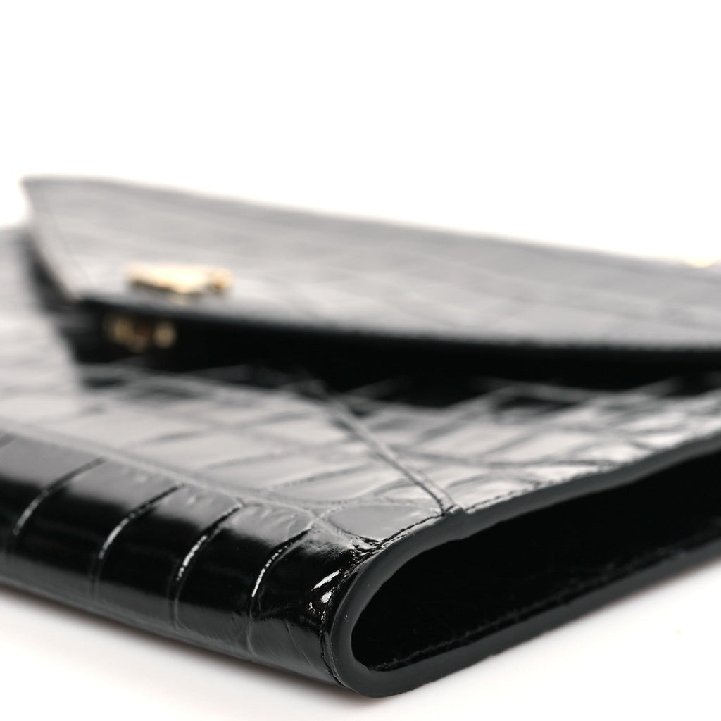 Calfskin Crocodile Embossed Croc Illusion Clutch With Chain  Black