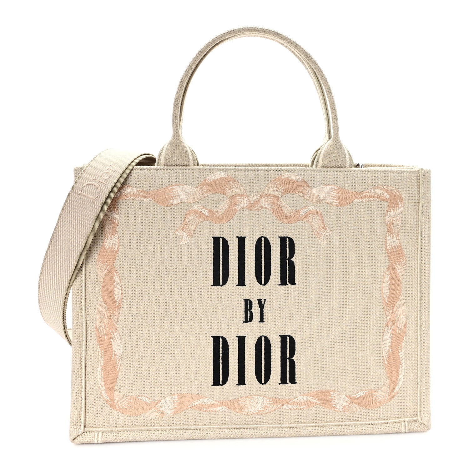 Canvas Embroidered Medium Book Tote With Strap Beige Pink Black