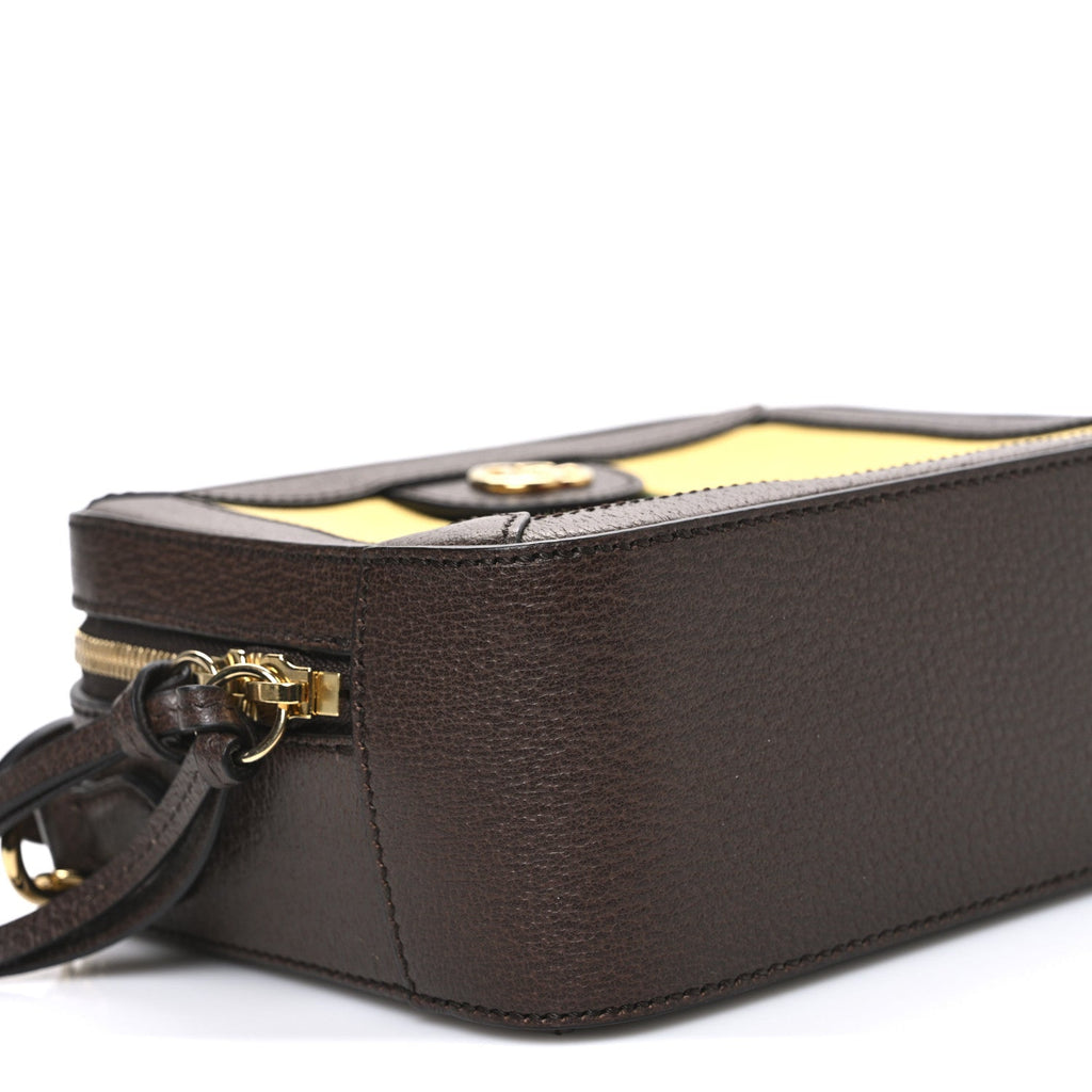 Canvas Textured Calfskin Web Mini Ophidia Top Handle Shoulder Bag Easy Yellow Dark Brown