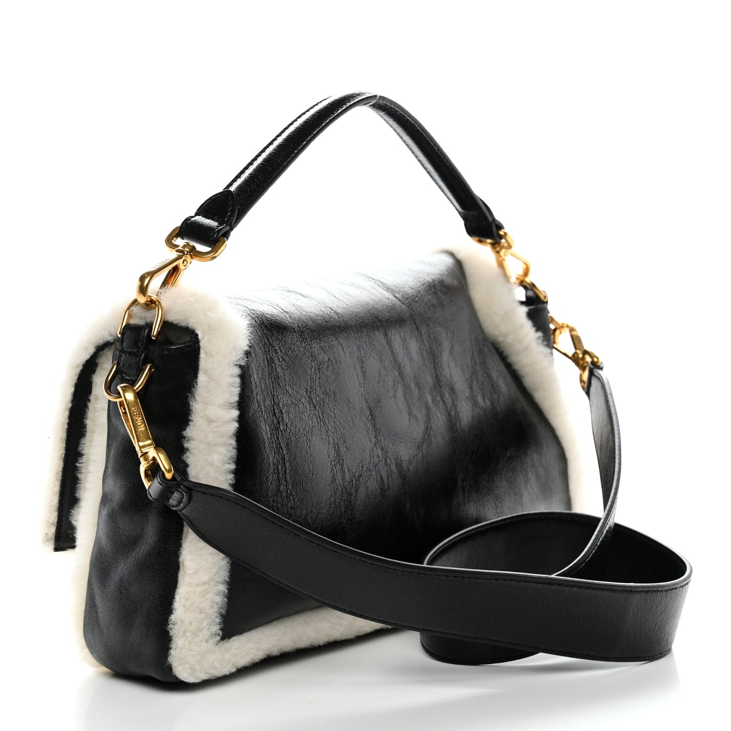 Lambskin Sheepskin Fur Large Baguette Black