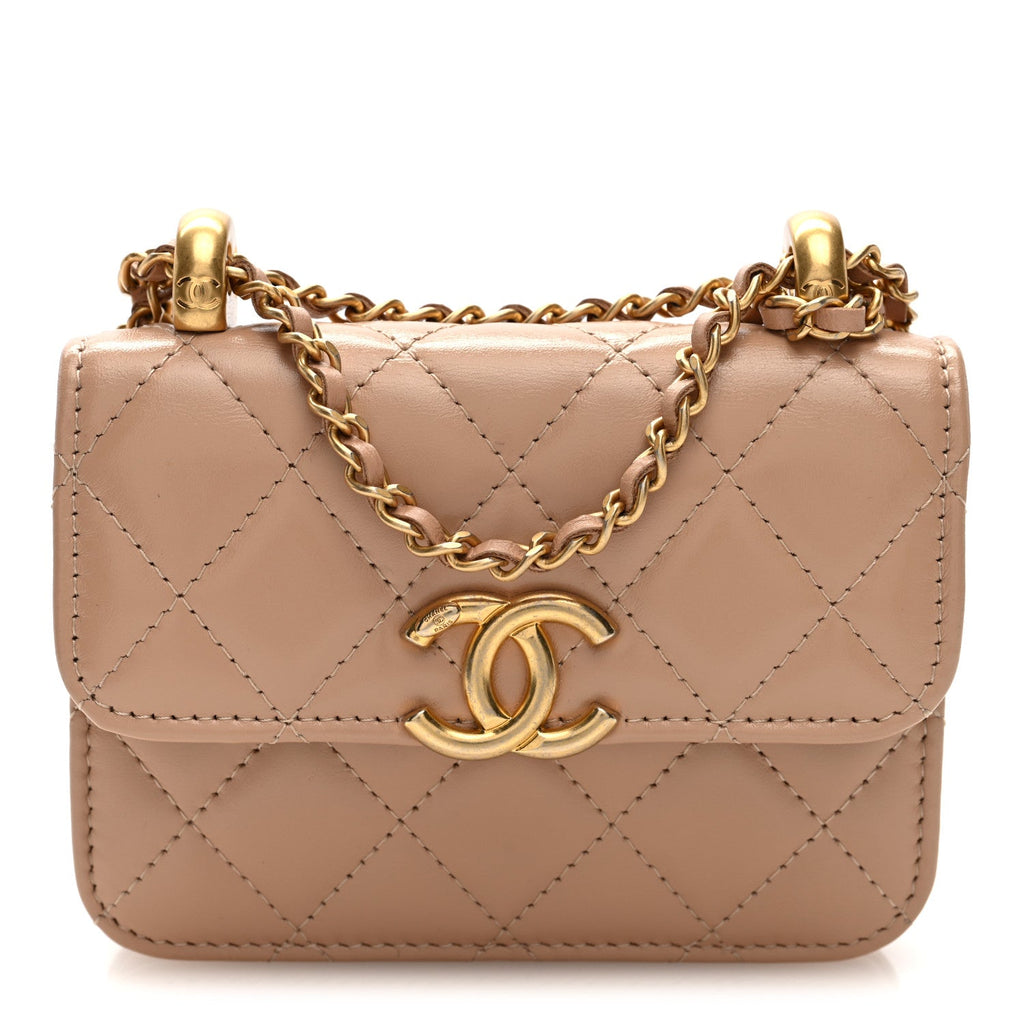 Calfskin Quilted Perfect Fit Coin Purse With Chain Beige