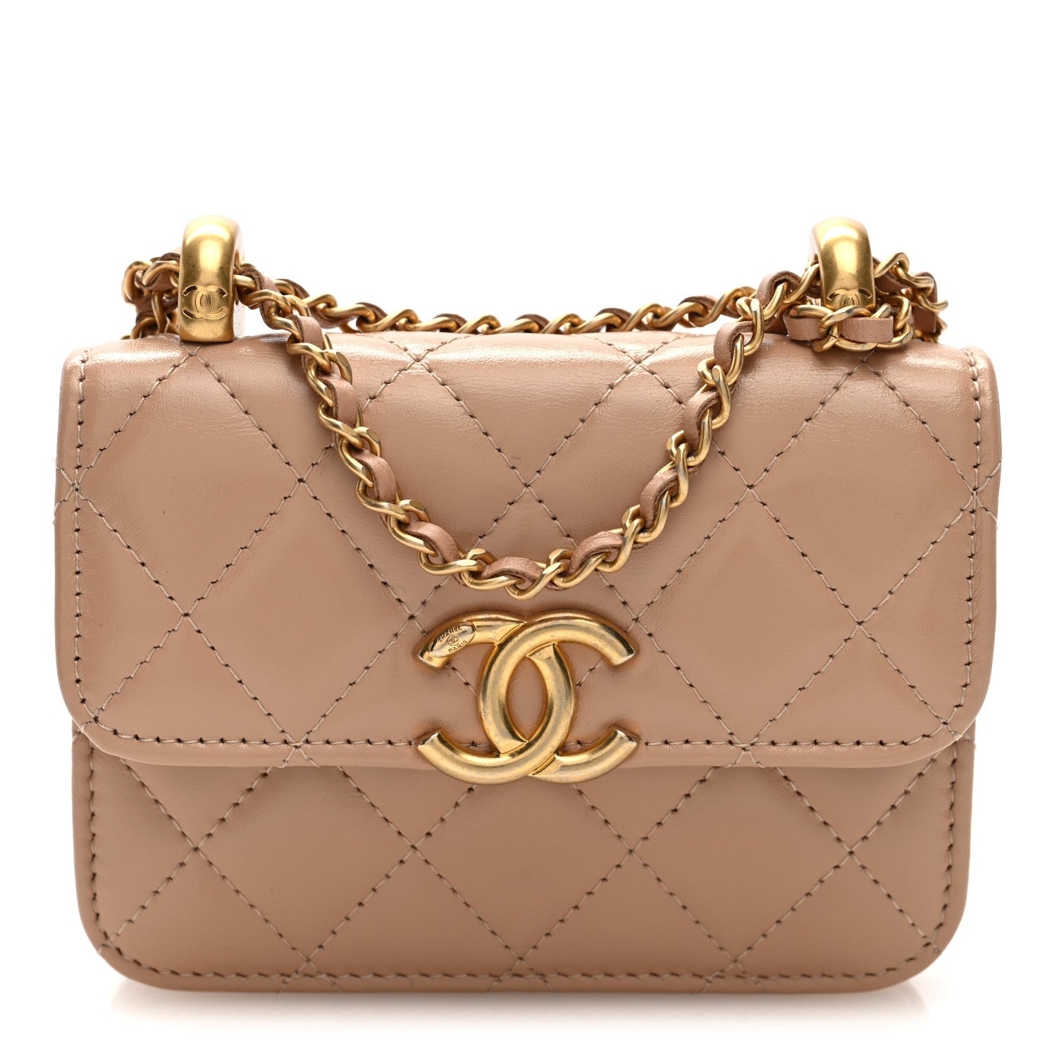Calfskin Quilted Perfect Fit Coin Purse With Chain Beige