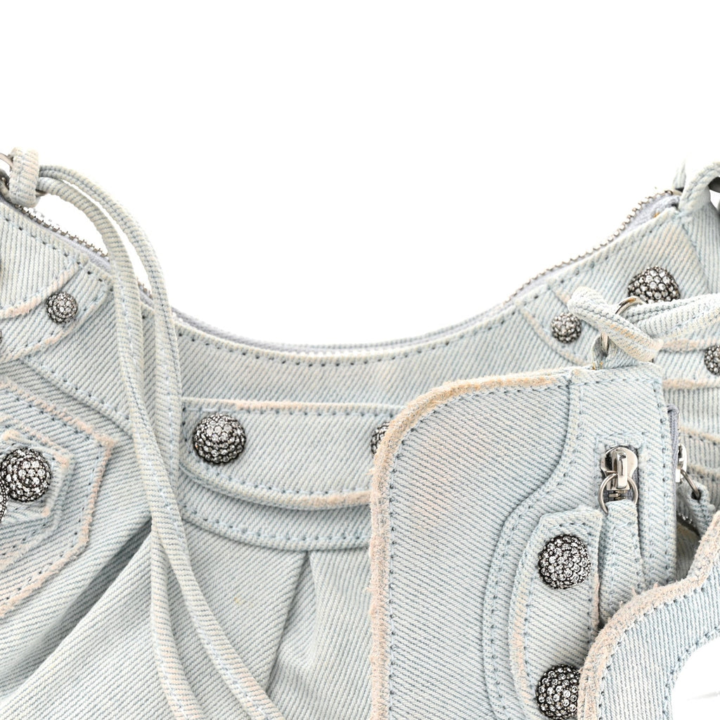 Washed Frayed Denim Crystal XS Le Cagole Shoulder Bag Pale Blue