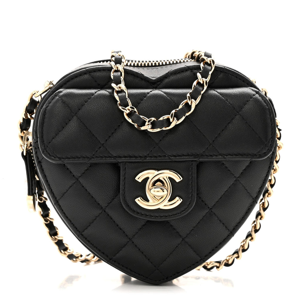 Lambskin Quilted CC In Love Heart Clutch With Chain Black