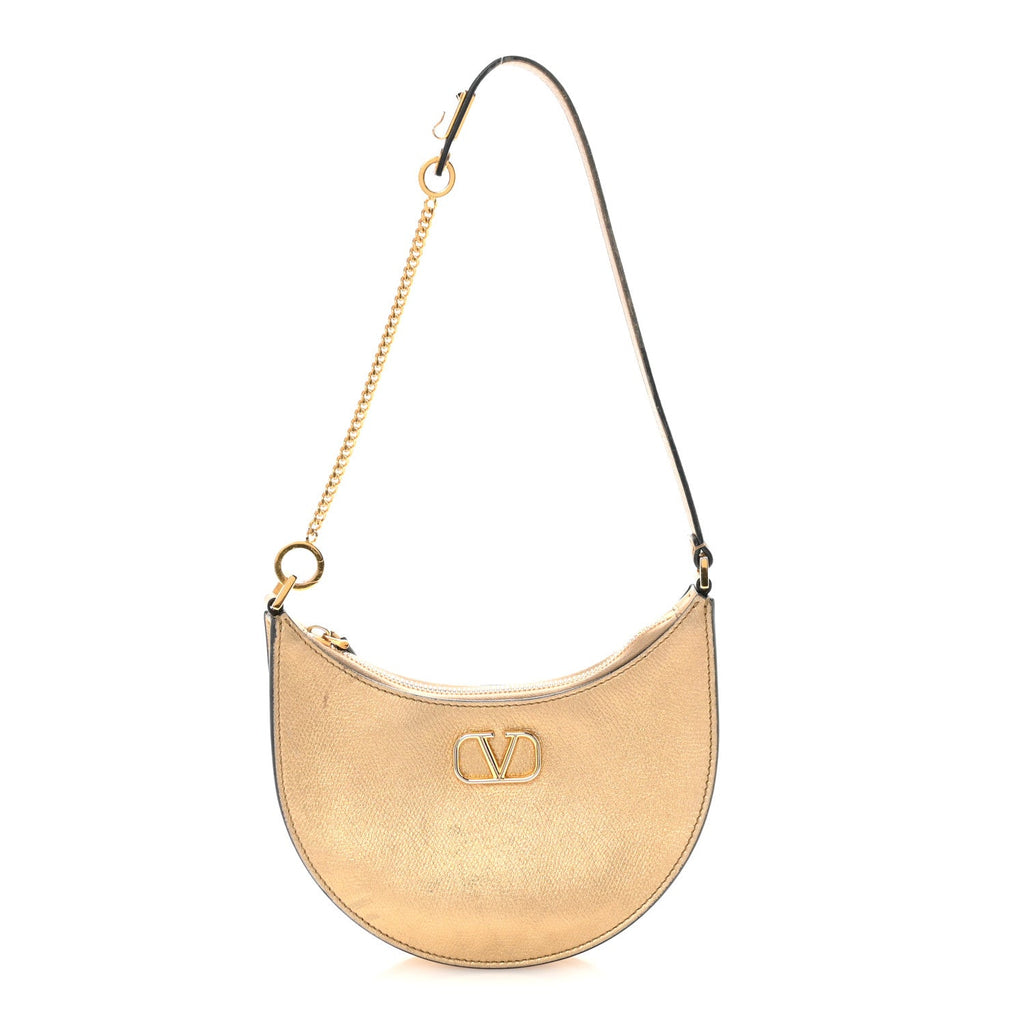Metallic Grainy Calfskin Mini Vlogo Hobo Bag Gold
