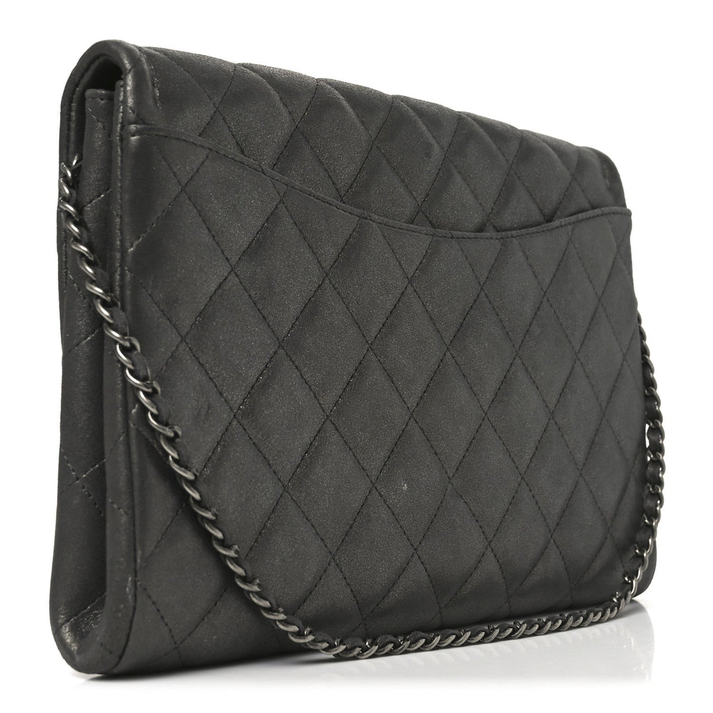 Metallic Lambskin Quilted Clutch With Chain Flap Dark Grey