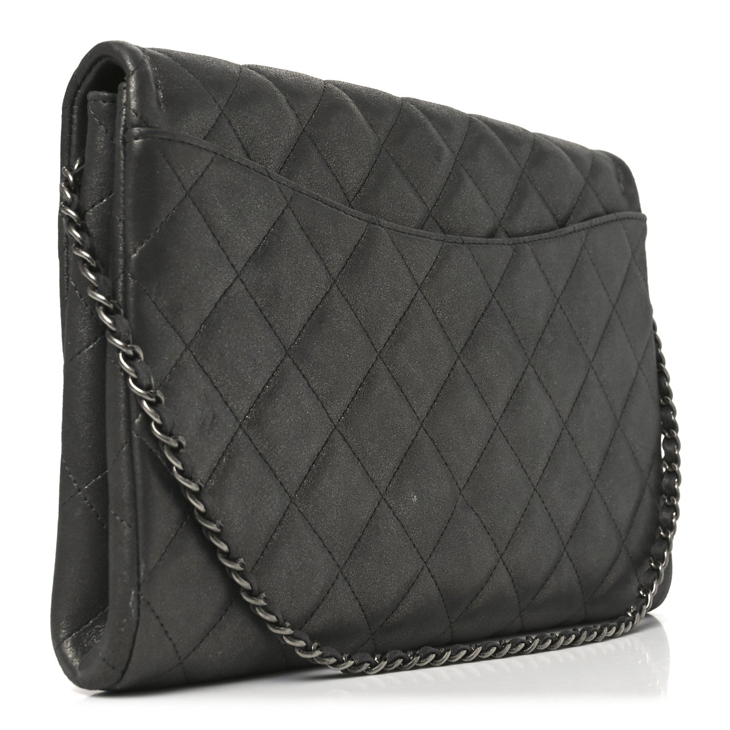 Metallic Lambskin Quilted Clutch With Chain Flap Dark Grey