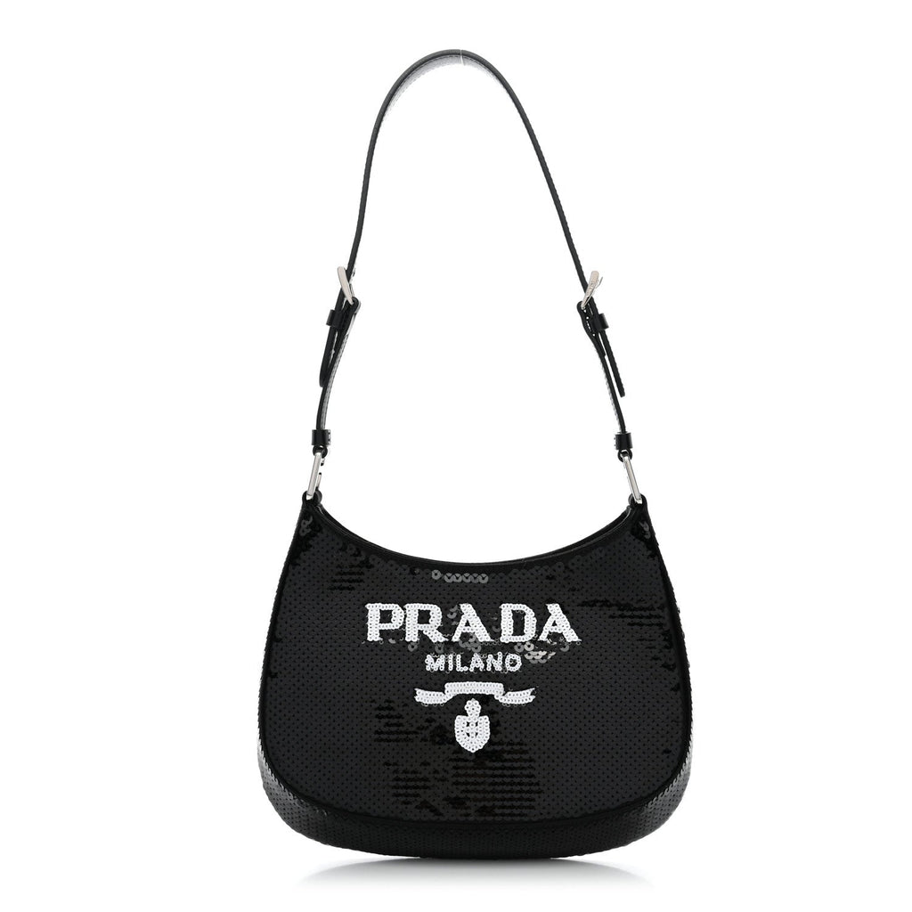 Paillettes Sequin Logo Cleo Adjustable Strap Shoulder Bag Black White
