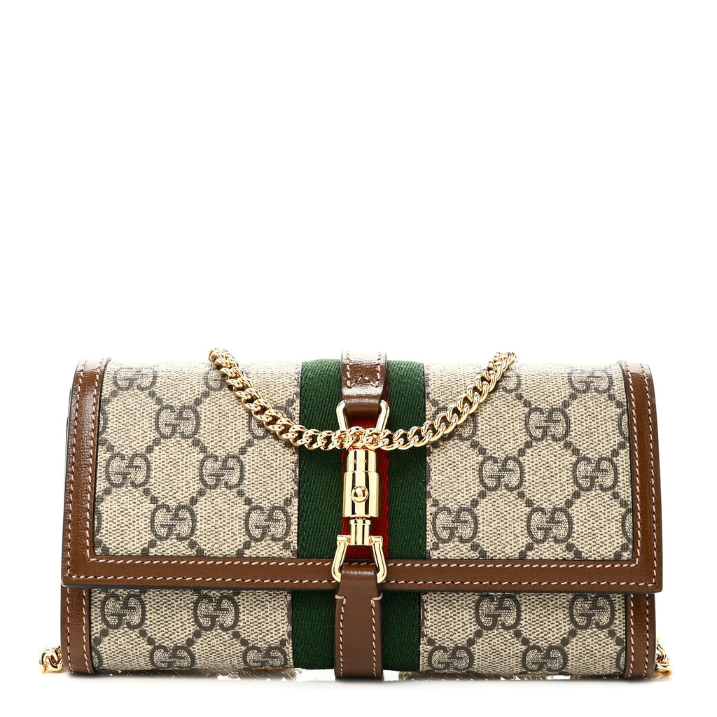 GG Supreme Monogram Azalea Calfskin Web Jackie 1961 Chain Wallet Beige Ebony Brown Sugar