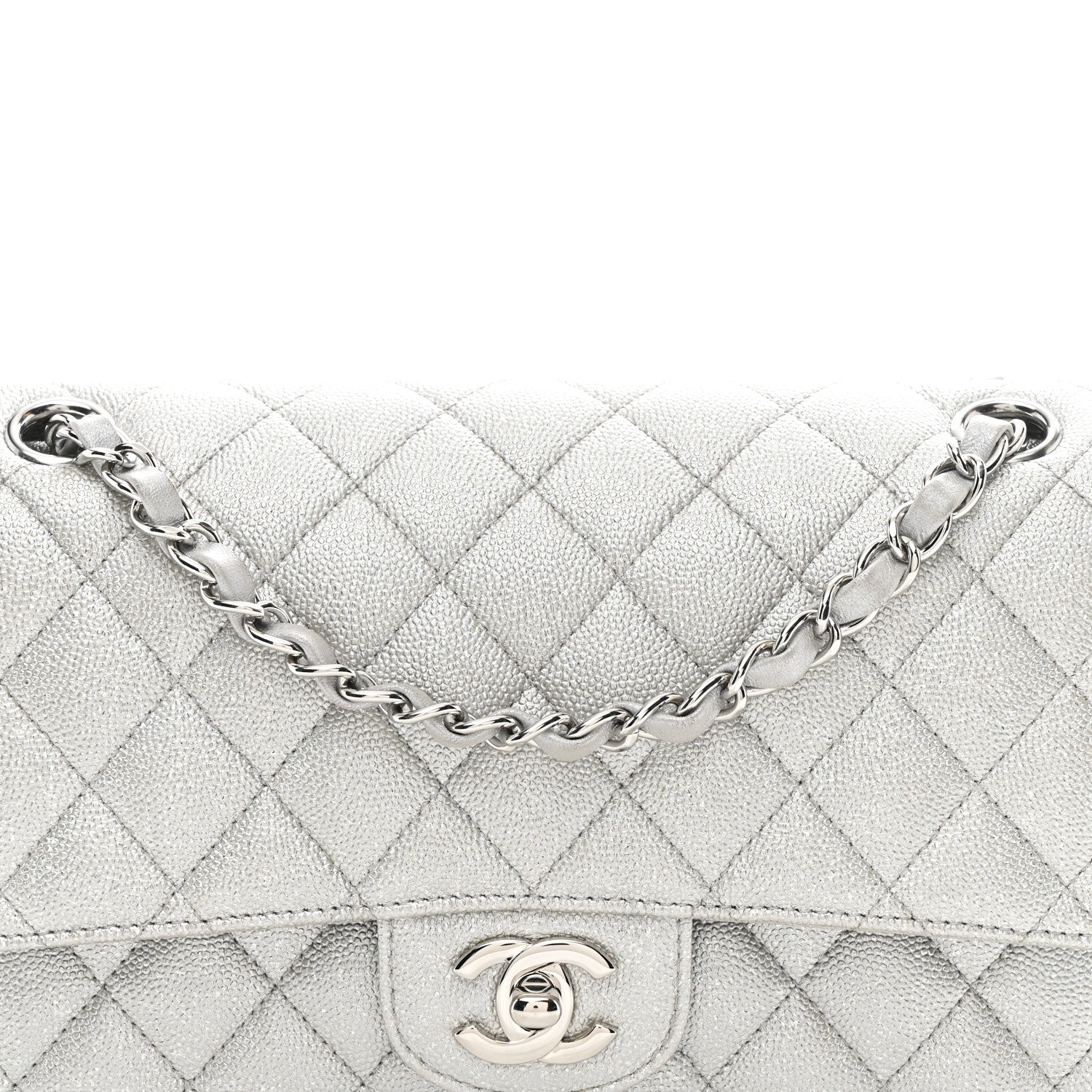 Glittered Metallic Caviar Quilted Medium Double Flap Silver