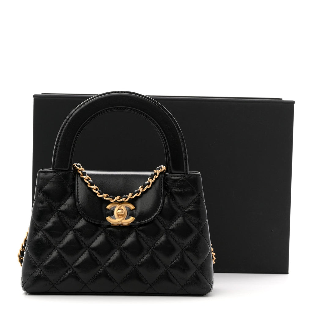 Shiny Aged Calfskin Quilted Nano Kelly Shopper Black