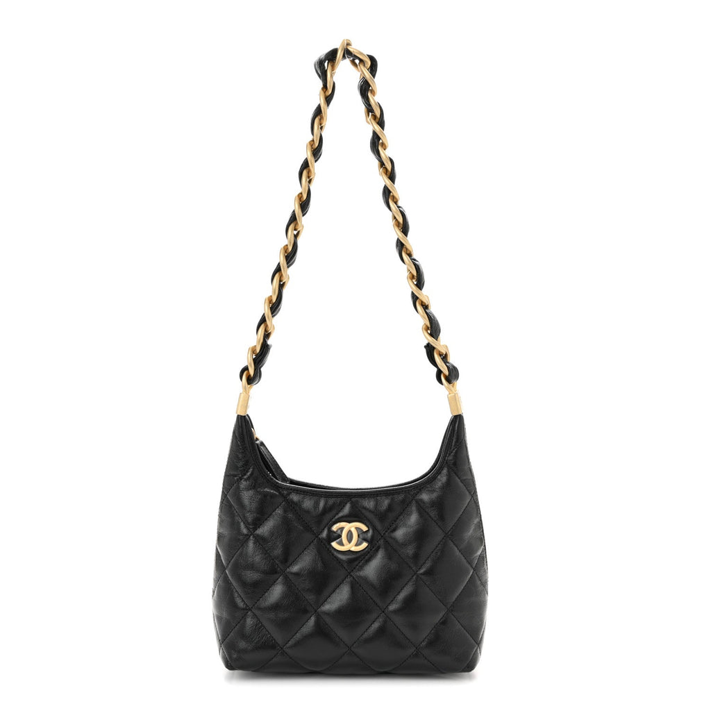 Shiny Crumpled Lambskin Quilted Small CC Funky Town Hobo Black