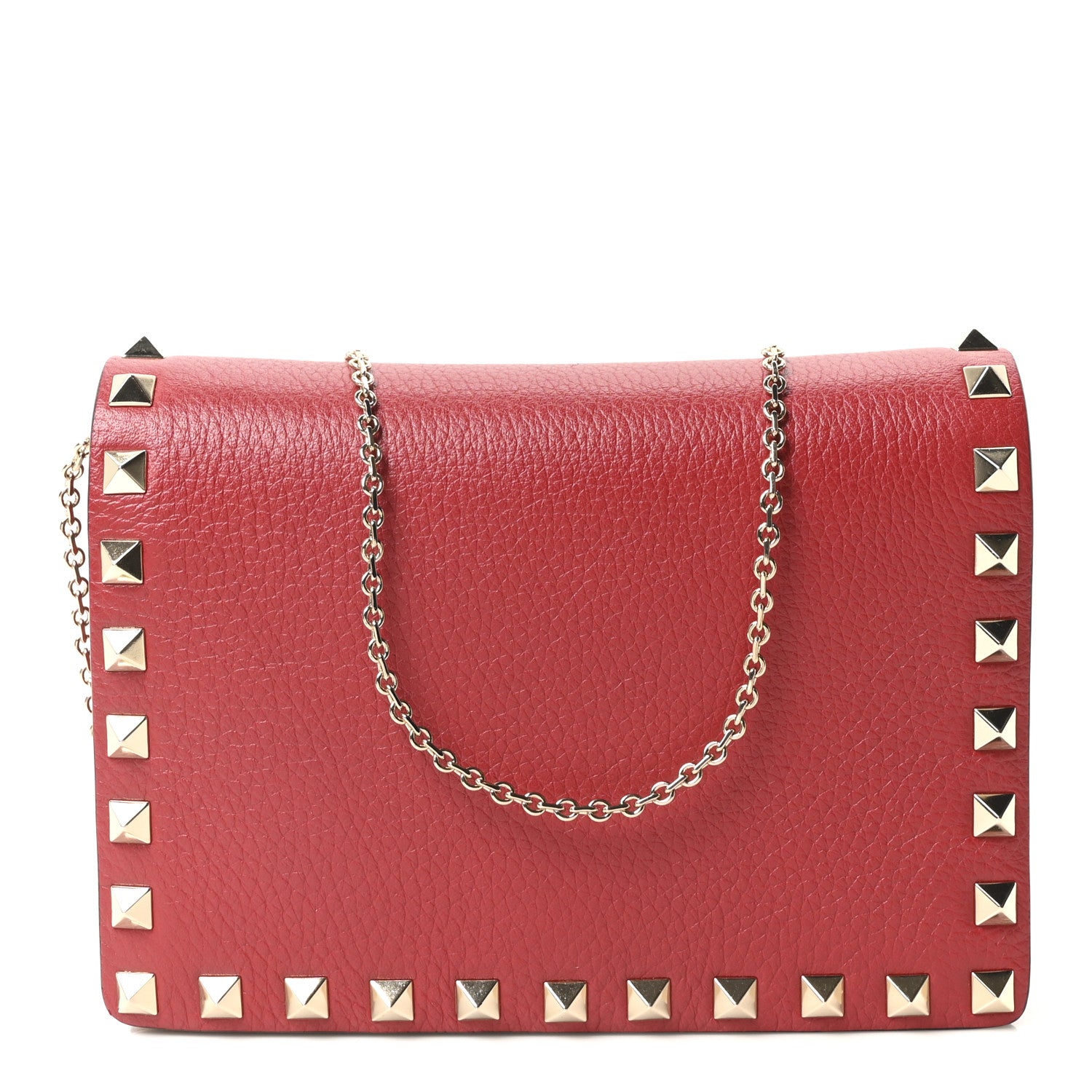 Pebbled Calfskin Rockstud Wallet on Chain Rouge Pur