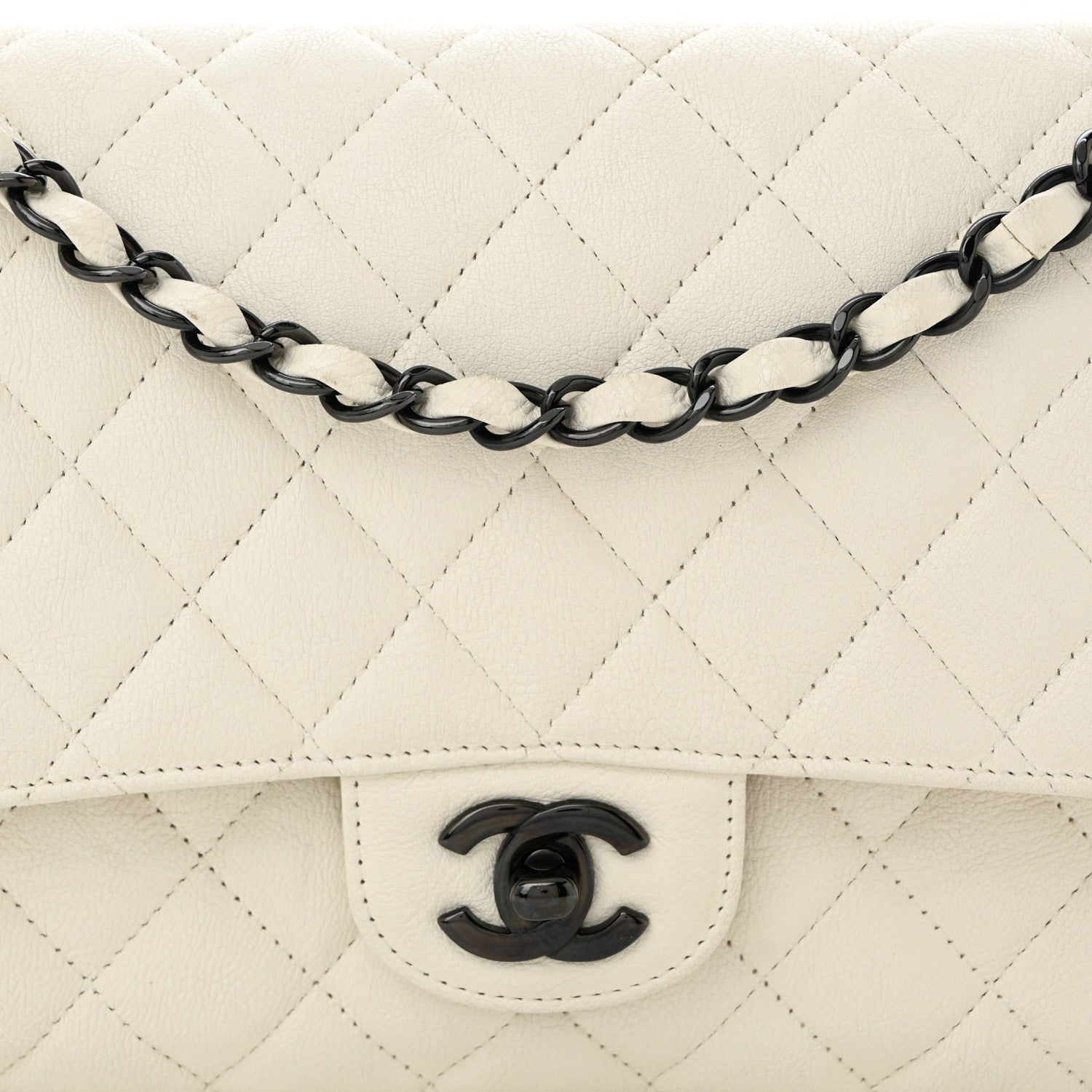 Crumpled Calfskin Quilted Medium Double Flap White