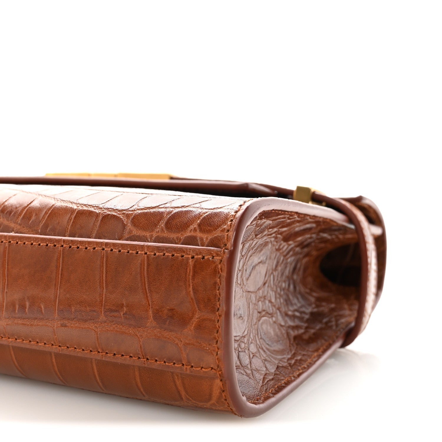 Shiny Calfskin Crocodile Embossed Small Manhattan Baguette Dark Caramel