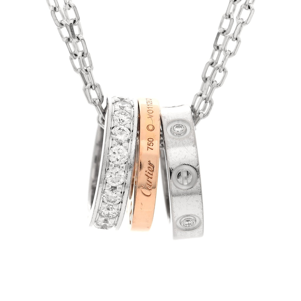 18K White Pink Gold Diamond Three Ring LOVE Pendant Necklace