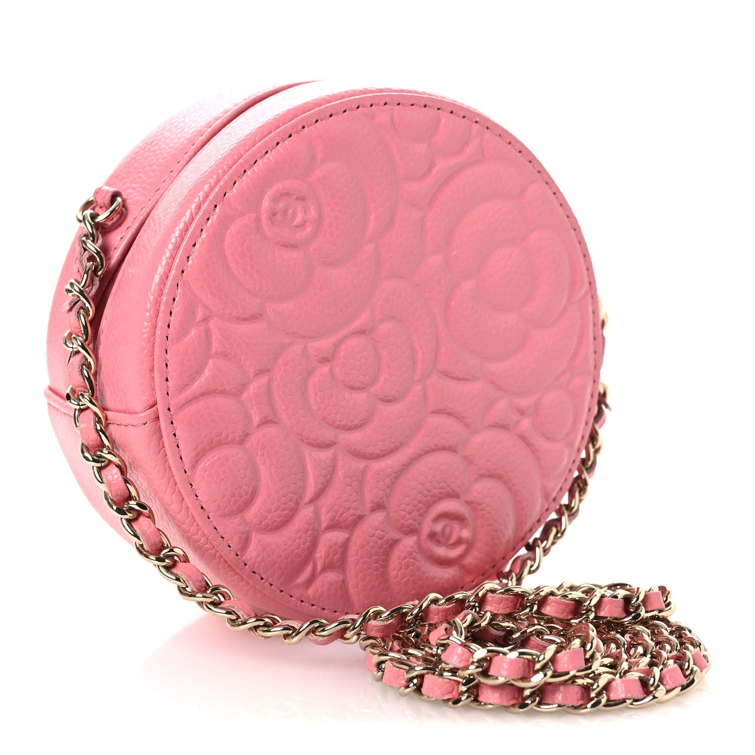 Caviar Camellia Embossed Round Clutch With Chain Pink