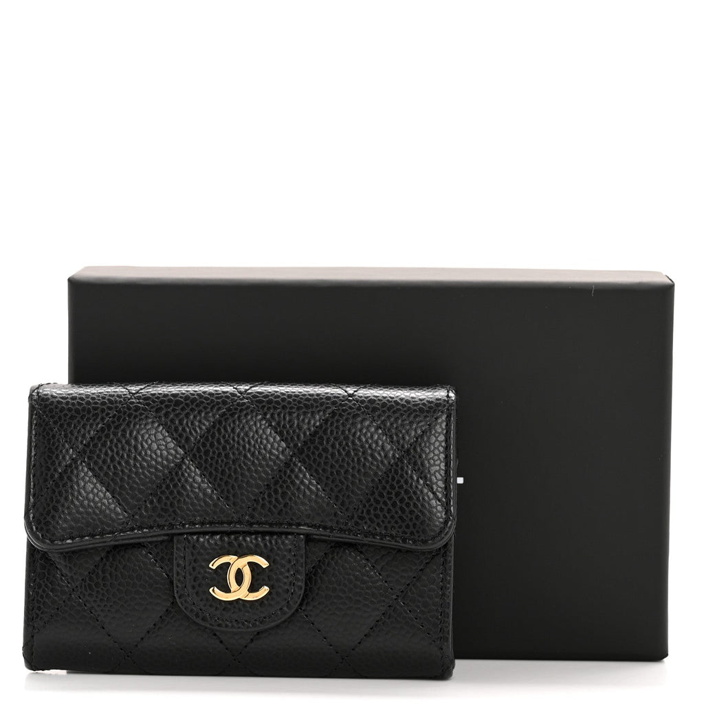Caviar Quilted Flap  Holder Wallet Black