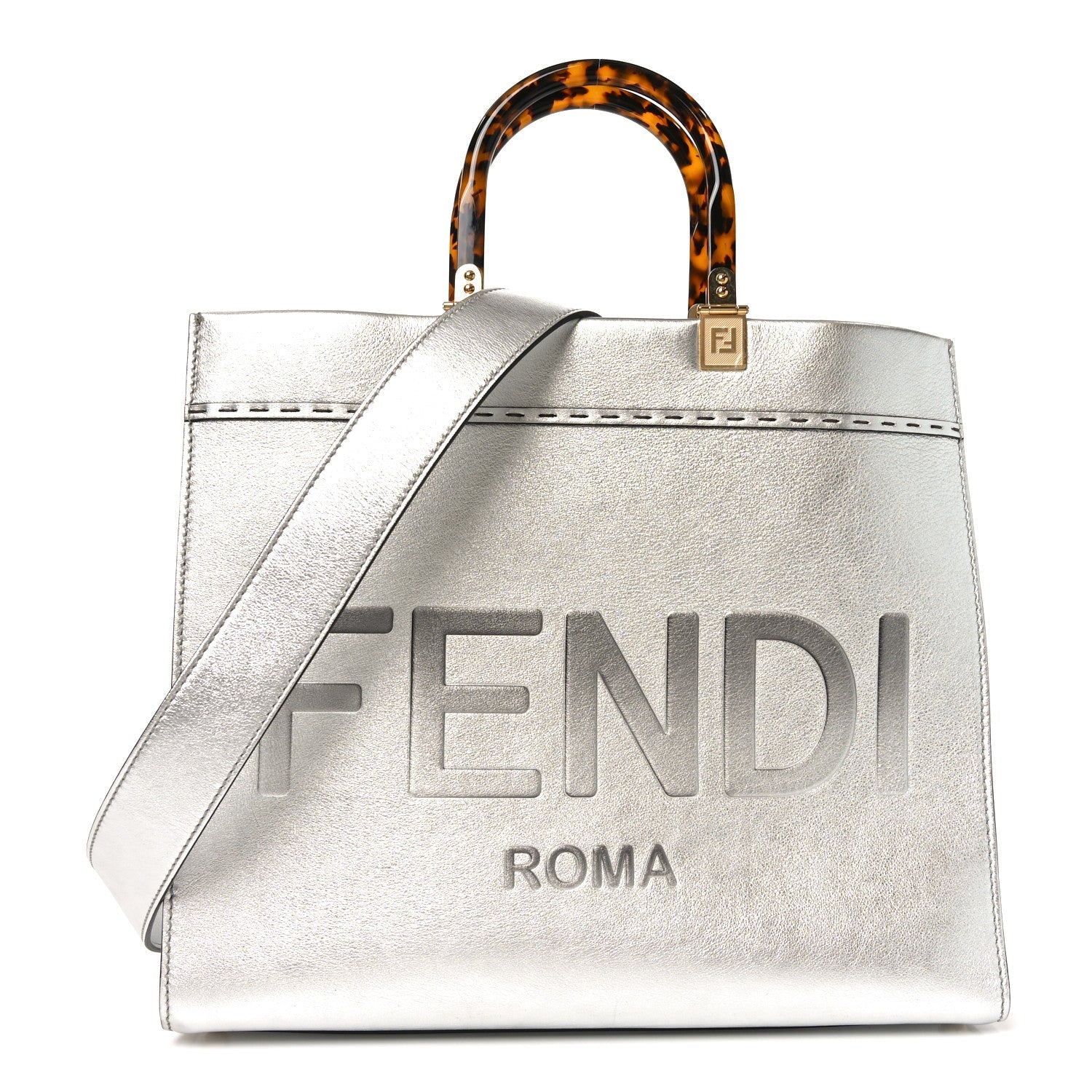 Vitello Catalan Mirror Plexiglass Logo Embossed Medium Fendi Sunshine Shopper Tote Argento
