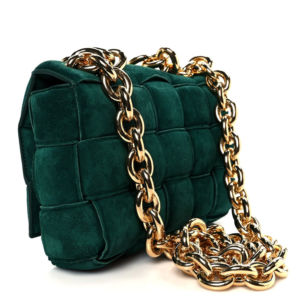 Suede Maxi Intrecciato Padded Chain Cassette Crossbody Bag Emerald Green