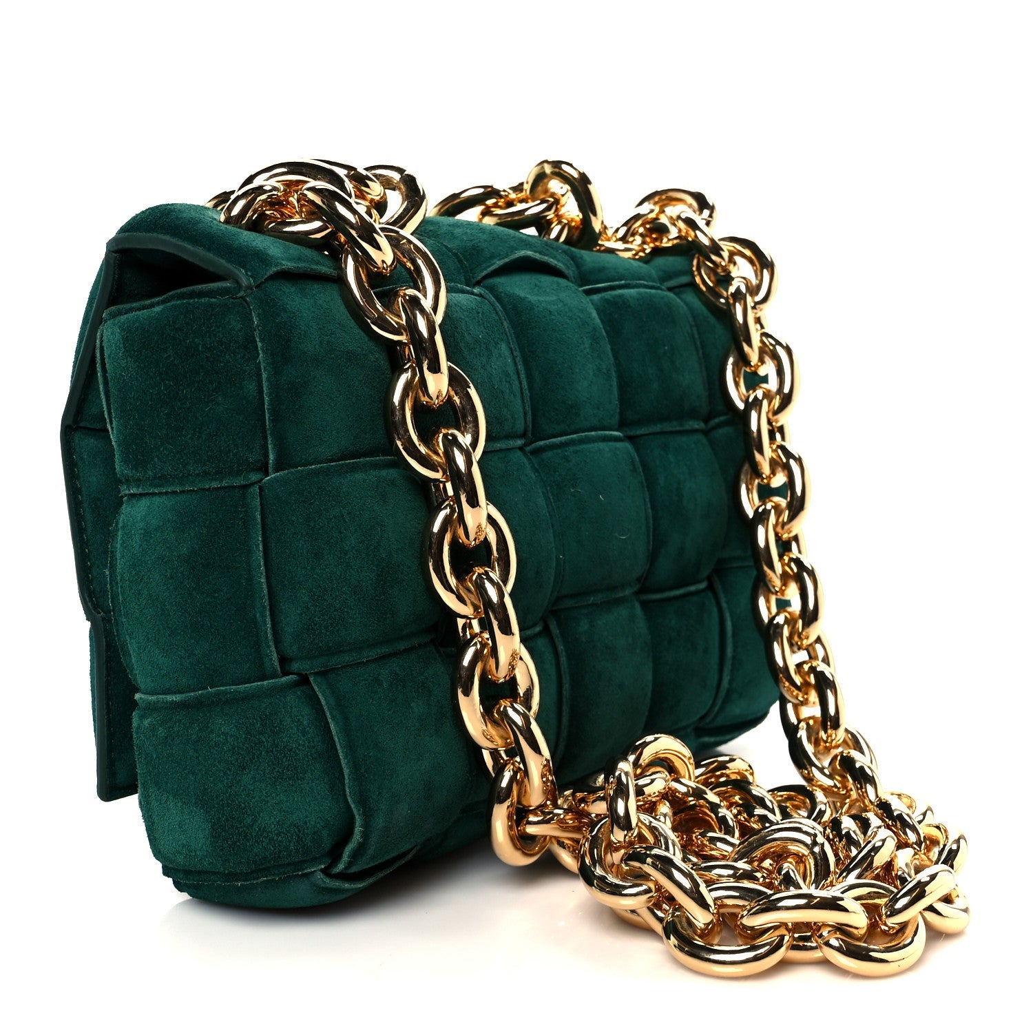 Suede Maxi Intrecciato Padded Chain Cassette Crossbody Bag Emerald Green