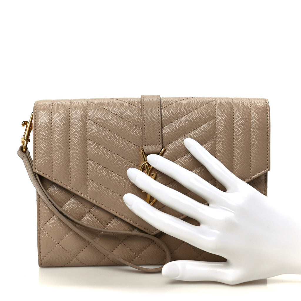 Grain De Poudre Textured Mixed Matelasse Triquilt Monogram Clutch Dark Beige